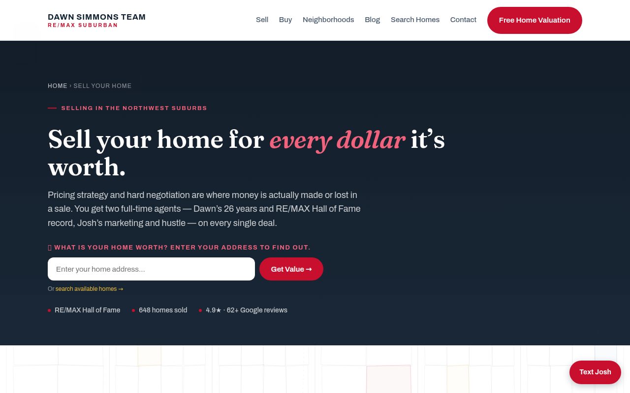 The Sell page: "Sell your home for every dollar it's worth", two agents, one family, zero hand-offs, run your own numbers first