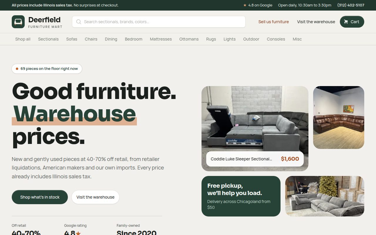 Deerfield Furniture Mart home page: "Good furniture. Warehouse prices.", a count of what is in stock right now, and a sleeper sectional priced at $1,600