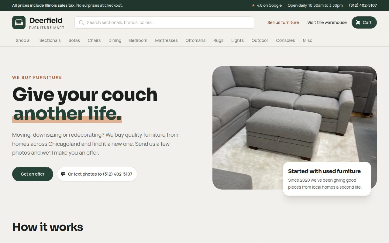 The Sell us furniture page: "Give your couch another life", with a Get an offer button and a number to text photos to