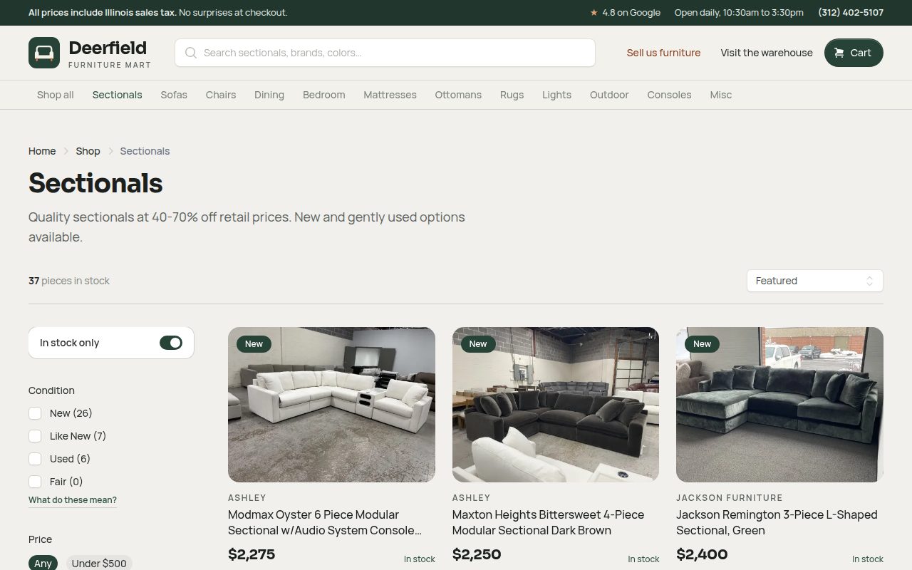 The Sectionals page: 37 pieces in stock, filters for condition and price, and photos of three sectionals with their prices