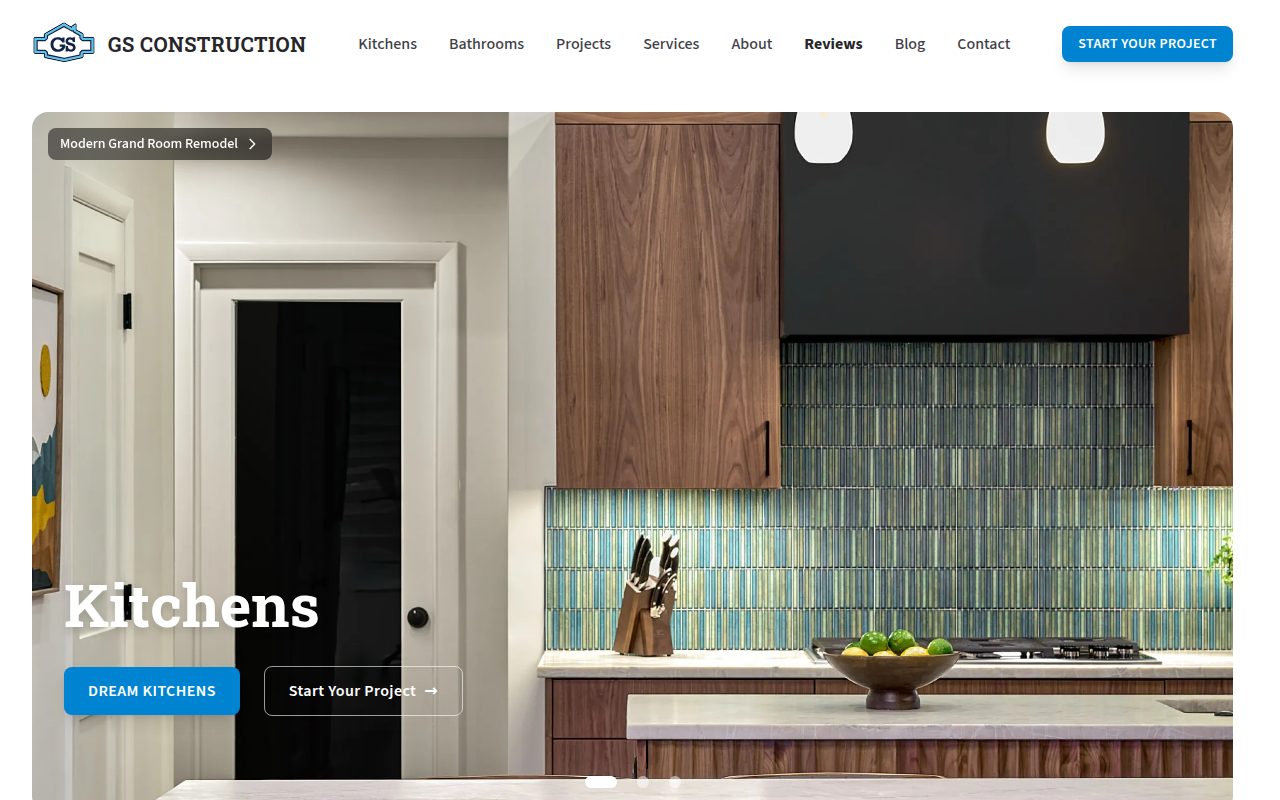 gs.construction home page: a full-width kitchen photo with the heading Kitchens and the buttons Dream Kitchens and Start Your Project
