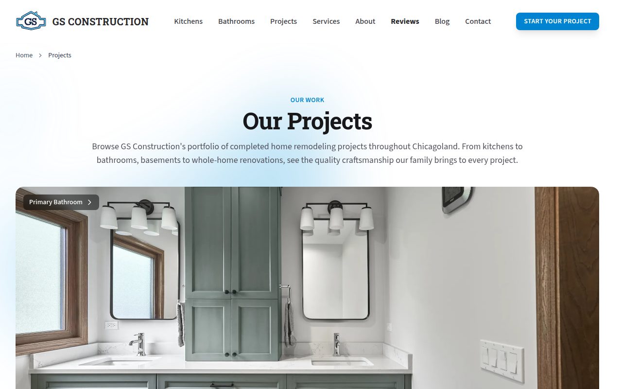 The Projects page of gs.construction: a grid of completed remodels