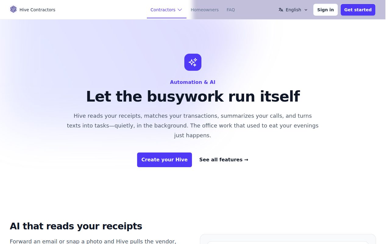 The Automation & AI page: "Let the busywork run itself" — receipts read automatically, smart matching and instant summaries