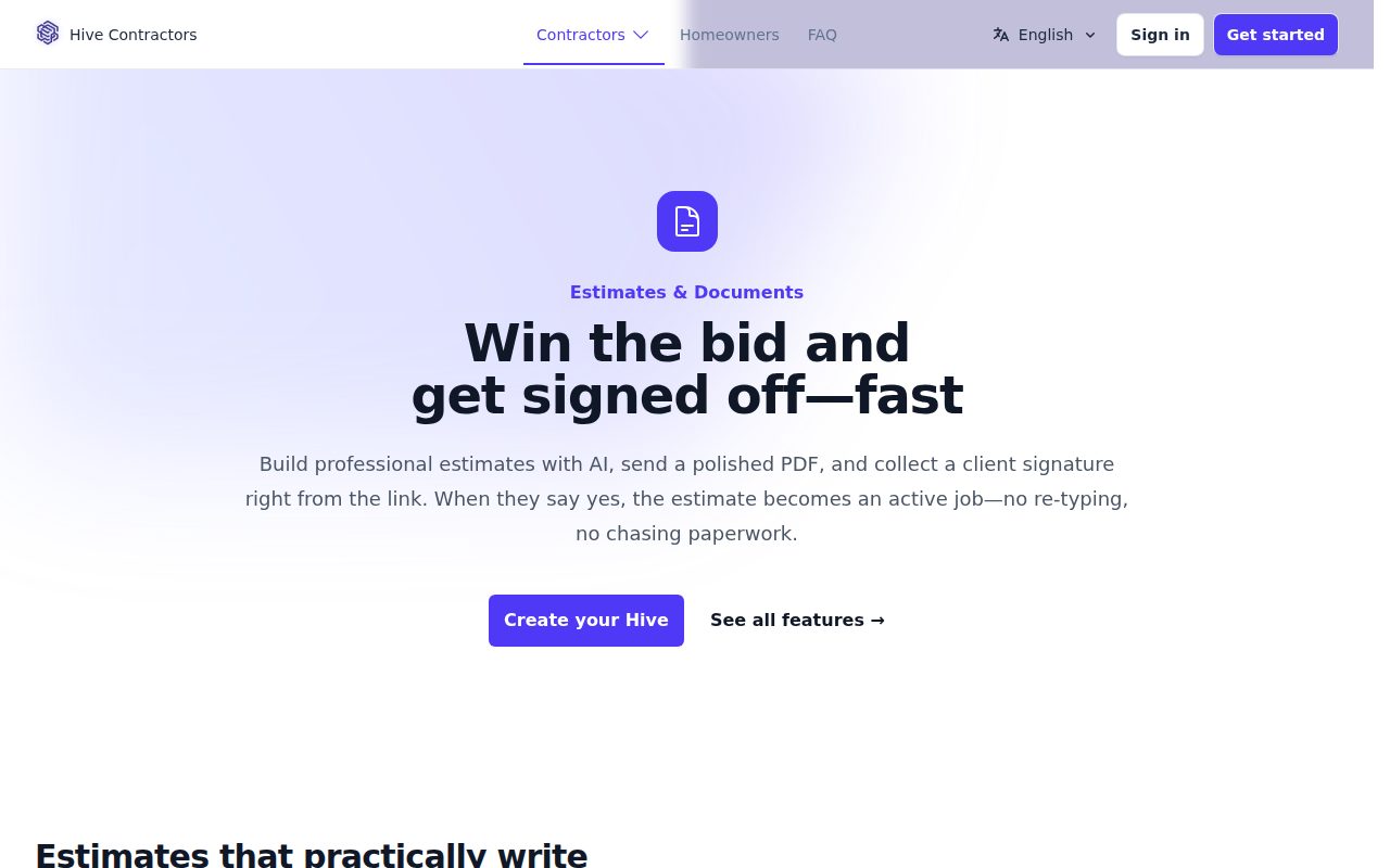 The Estimates & Documents page: "Win the bid and get signed off — fast", estimates that practically write themselves, signatures without the back-and-forth
