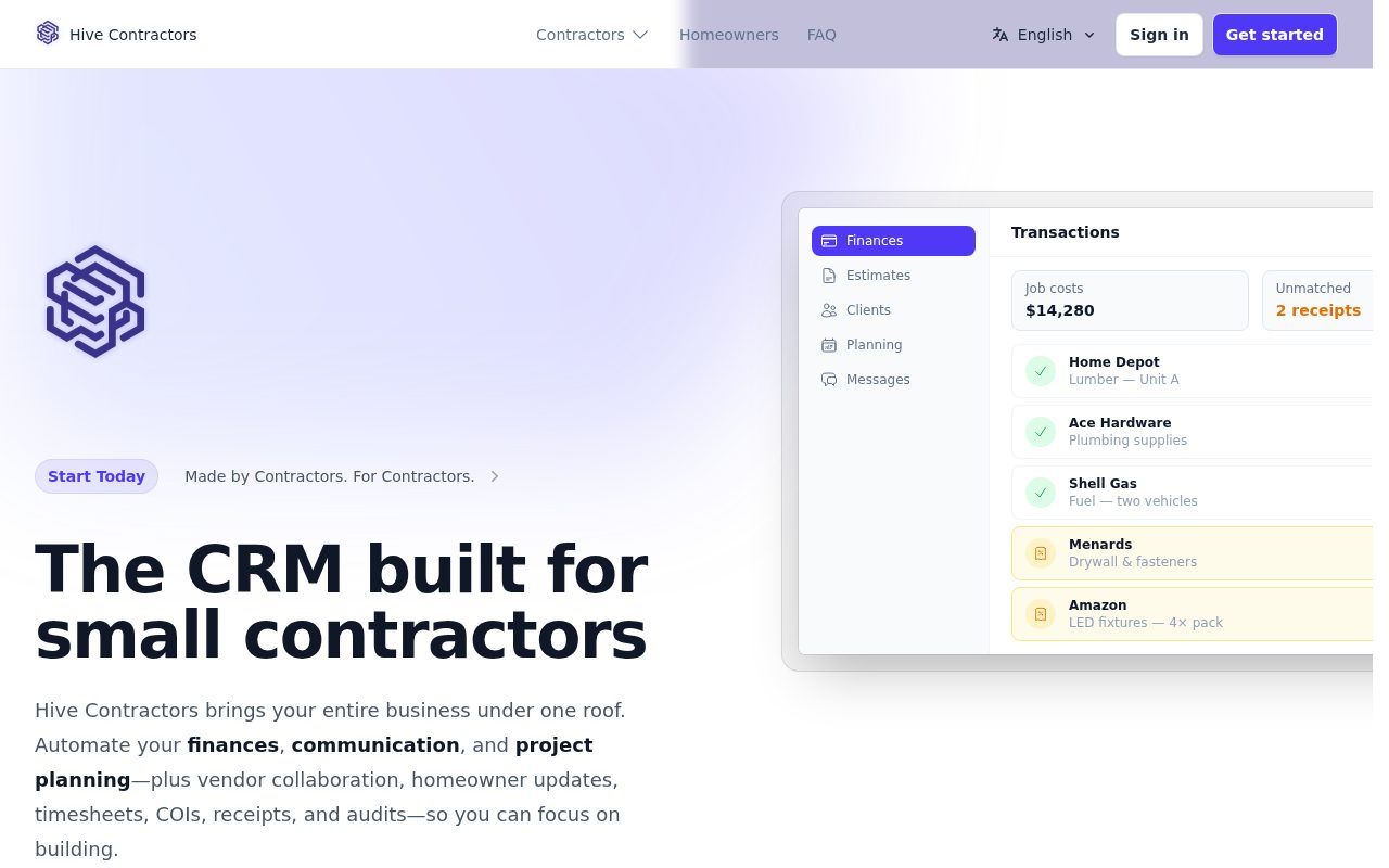 hive.contractors home page: "The CRM built for small contractors", with a screenshot of the Finances screen matching receipts to transactions