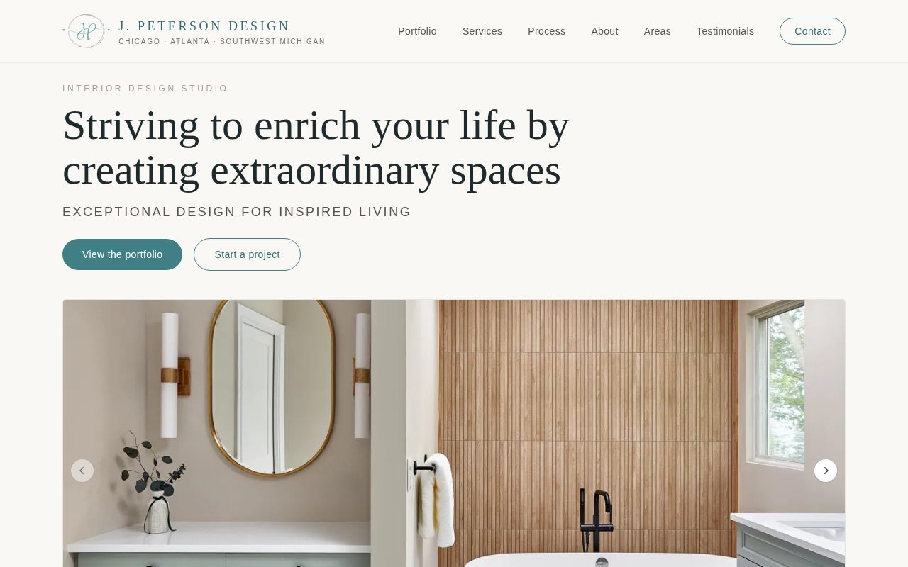 jpeterson-design.com home page: "Striving to enrich your life by creating extraordinary spaces", above a slideshow of a finished bathroom