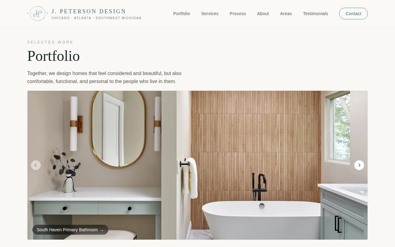 The Portfolio page of jpeterson-design.com: a grid of interior design projects
