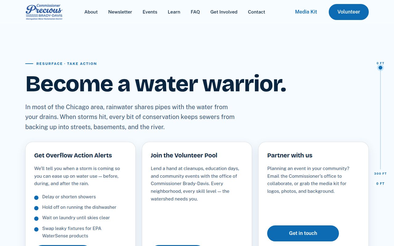 The Get Involved page: "Become a water warrior", with ways to collaborate
