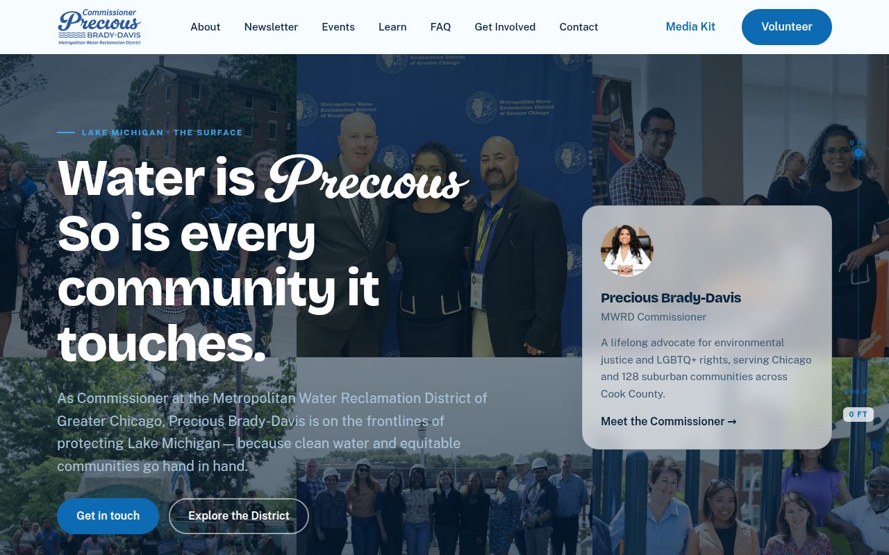 waterisprecious.org home page: "Water is Precious. So is every community it touches." over photos of the Commissioner with community members