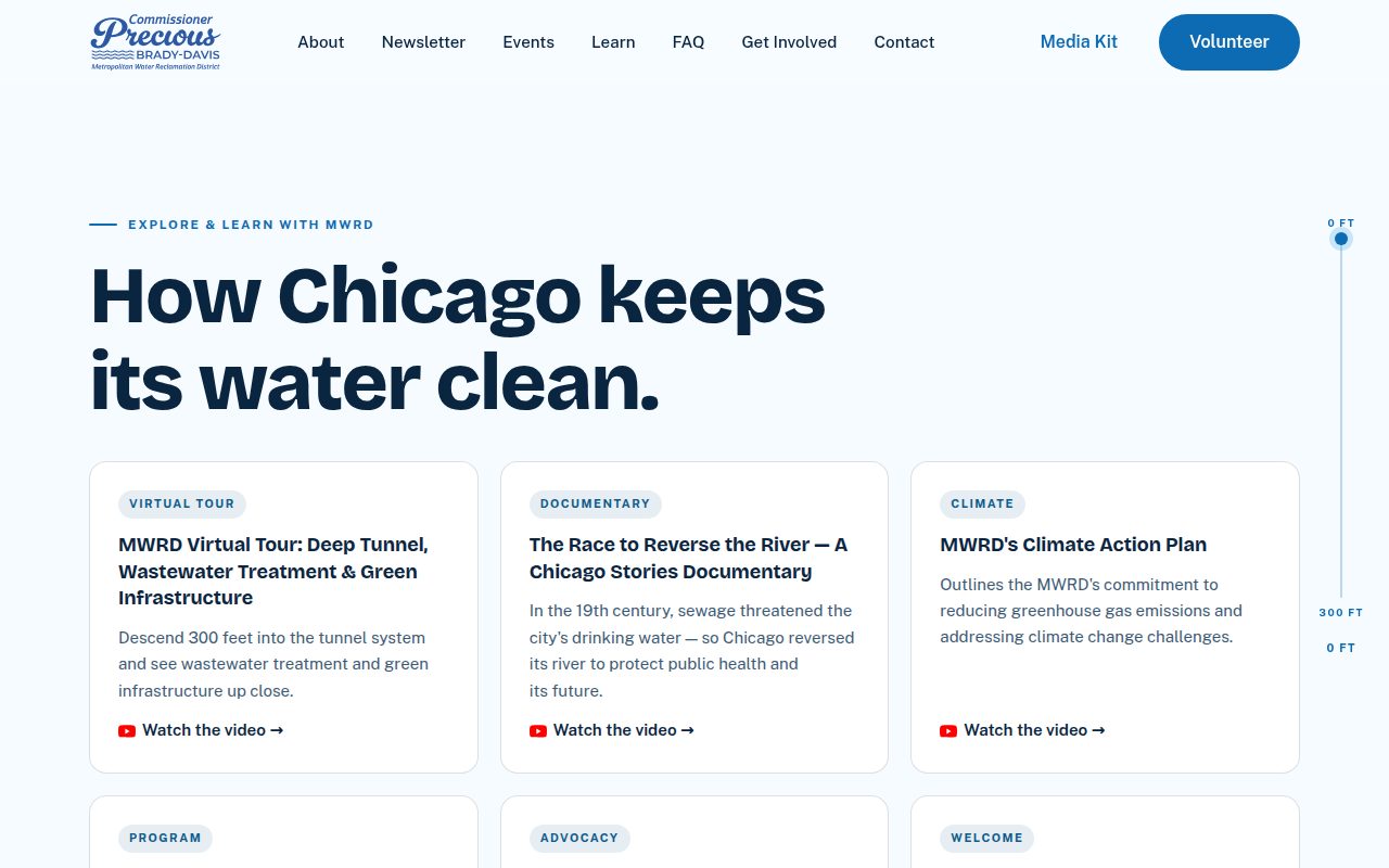 The Explore & Learn page: "How Chicago keeps its water clean", with free guides and publications